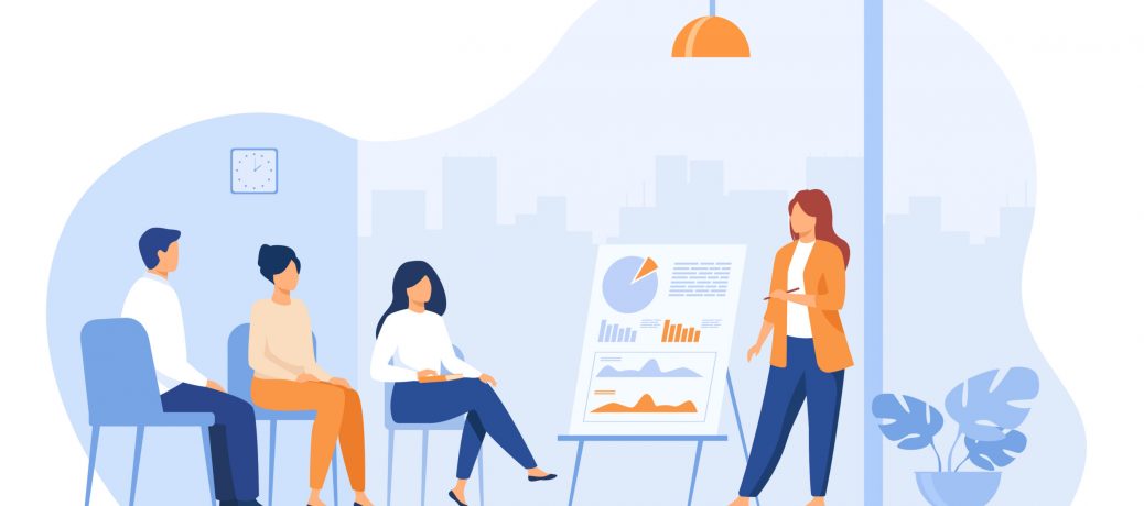 Coach speaking before audience Coach speaking before audience. Mentor presenting charts and reports, Employees meeting at business training, seminar or conference. Vector illustration for presentation, lecture, education concept